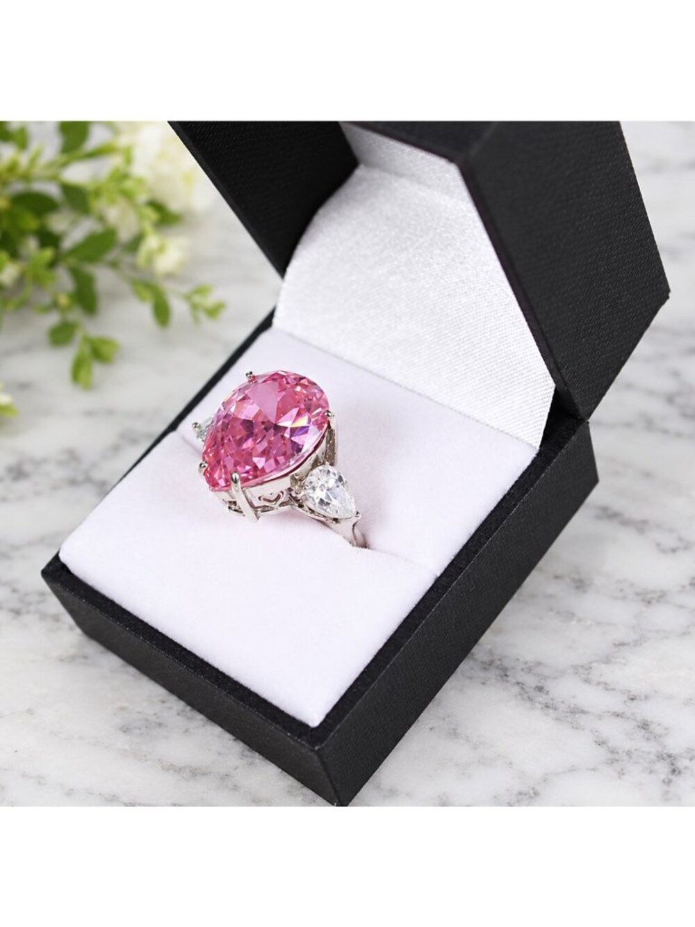 925 Sterling Silver Pink Pear-Shaped Statement Cocktail Ring Size 6.75